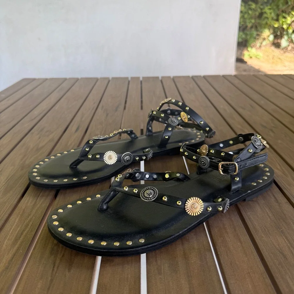 Steve Madden Recent Black Studded Gladiator Sandals Mixed Metal Boho Flat 9.5M